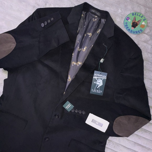 Lauren Ralph Lauren Blazer 42L Black Corduroy Stretch Fox Liner Elbow Patch Coat